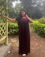 Front Open Cotton Nighty With Buttons, 55 Inches Long - Black - Image 3