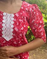 Pure Cotton Feeding Nighty With Side Zips For Mothers - Frock Type - Red - Image 7