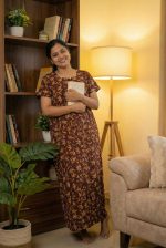 Front Open Cotton Nighty With Buttons, 55 Inches Long - Maroon - Image 2