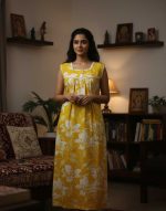 Front Open Cotton Sleeveless Nighty With Buttons, 55 Inches Long - Yellow - Image 2