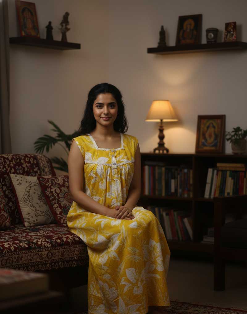 - Front Open Nighty With Pleats Stitching