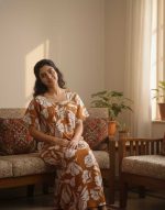 Front Open Cotton Nighty With Buttons, 55 Inches Long - Brown