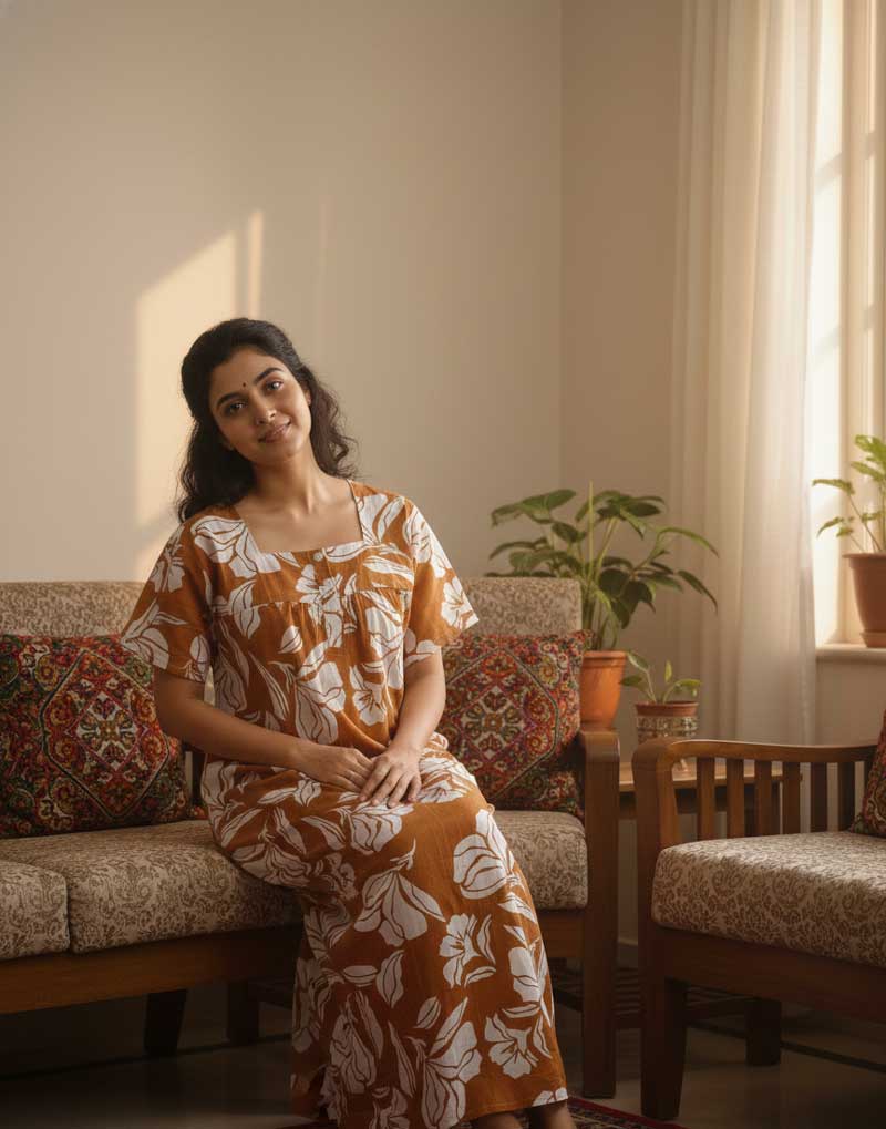 - Front Open Nighty With Pleats Stitching