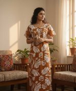 Front Open Cotton Nighty With Buttons, 55 Inches Long - Brown - Image 2