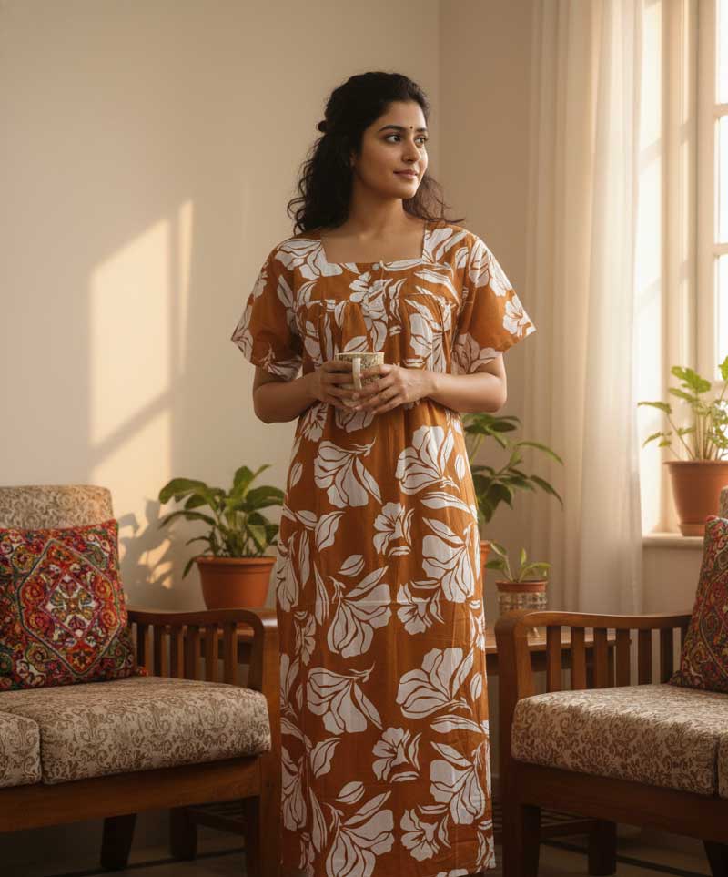 - Front Open Nighty With Pleats Stitching