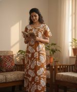 Front Open Cotton Nighty With Buttons, 55 Inches Long - Brown - Image 3