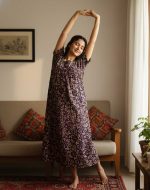 Front Open Cotton Nighty With Buttons, 55 Inches Long - Maroon - Image 3