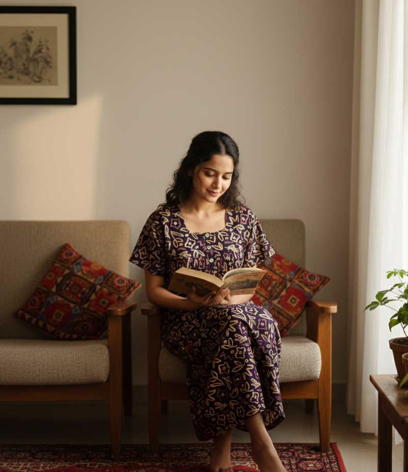 1763829864878 Front Open Cotton Nighty With Buttons, 55 Inches Long - Maroon - Image 1