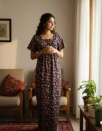 Front Open Cotton Nighty With Buttons, 55 Inches Long - Maroon - Image 2