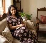 Front Open Cotton Nighty With Buttons, 55 Inches Long - Brown