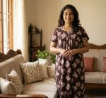 Front Open Cotton Nighty With Buttons, 55 Inches Long - Brown - Image 2