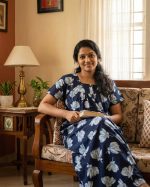 Front Open Cotton Nighty With Buttons, 55 Inches Long - Blue