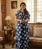 Front Open Cotton Nighty With Buttons, 55 Inches Long - Blue - Image 2