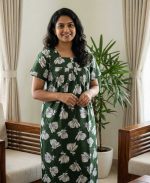 Front Open Cotton Nighty With Buttons, 55 Inches Long - Green - Image 2