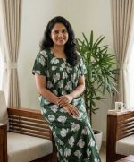 Front Open Cotton Nighty With Buttons, 55 Inches Long - Green