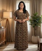 Front Open Cotton Nighty With Buttons, 55 Inches Long - Brown - Image 2