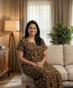 Front Open Cotton Nighty With Buttons, 55 Inches Long - Brown