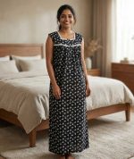 Front Open Cotton Sleeveless Nighty With Buttons, 55 Inches Long - Black - Image 2