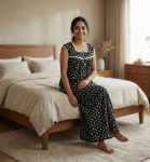 Front Open Cotton Sleeveless Nighty With Buttons, 55 Inches Long - Black