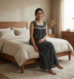 Front Open Cotton Sleeveless Nighty With Buttons, 55 Inches Long - Black