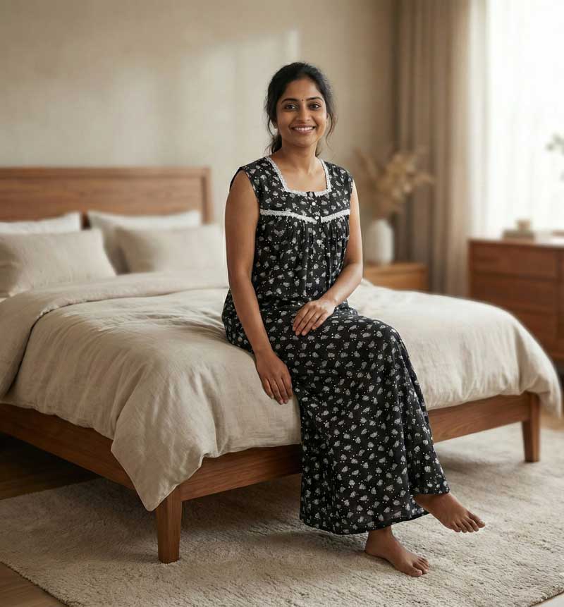 - Front Open Nighty With Pleats Stitching