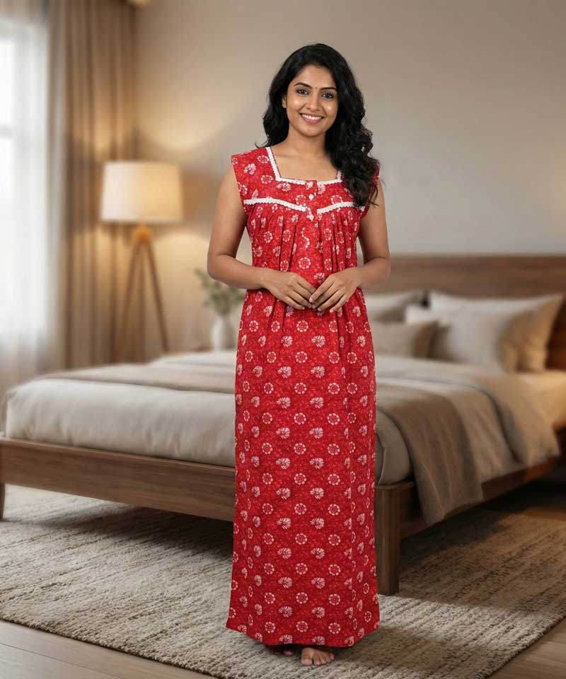 - Front Open Nighty With Pleats Stitching