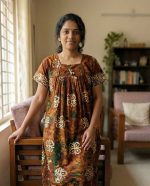 Traditional cotton nighty, 55 Inches Long -Brown - Image 2