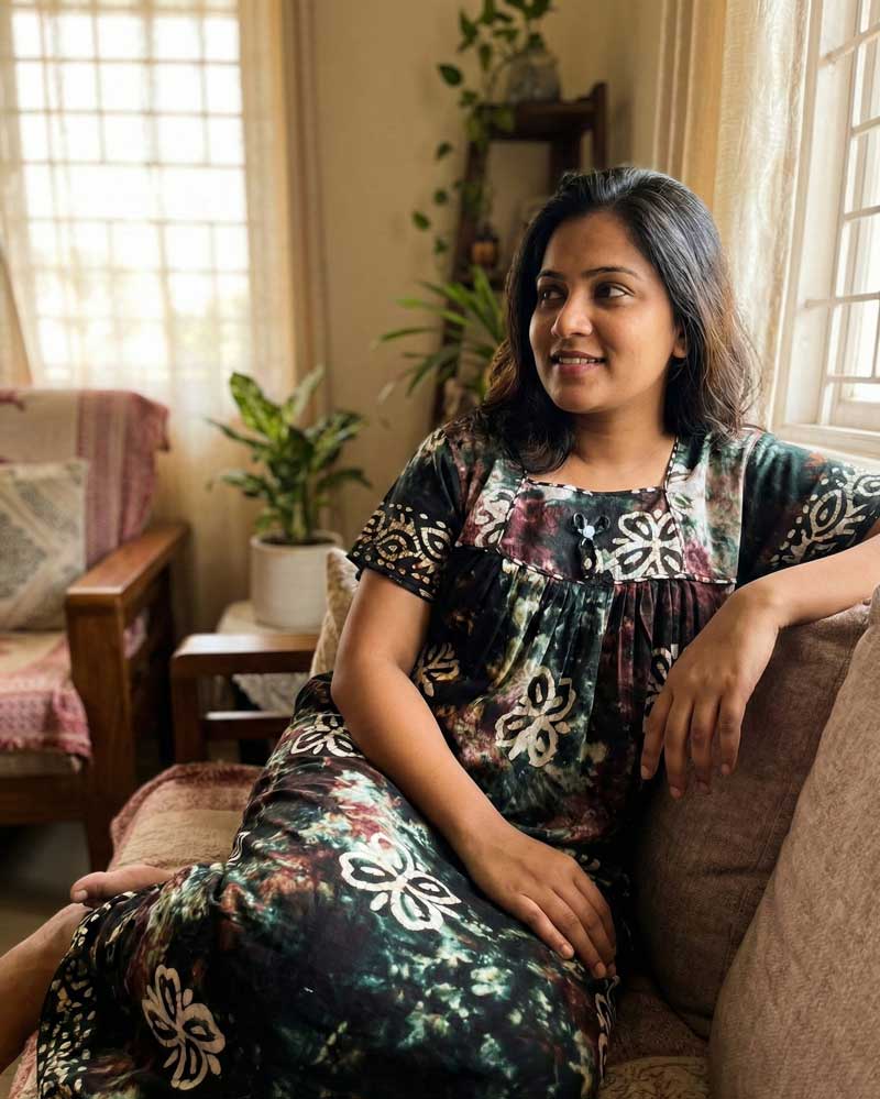 - Front Open Nighty With Pleats Stitching