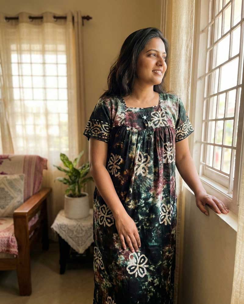 - Front Open Nighty With Pleats Stitching