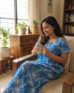 Front Open Cotton Nighty With Buttons, 55 Inches Long - Blue - Image 2