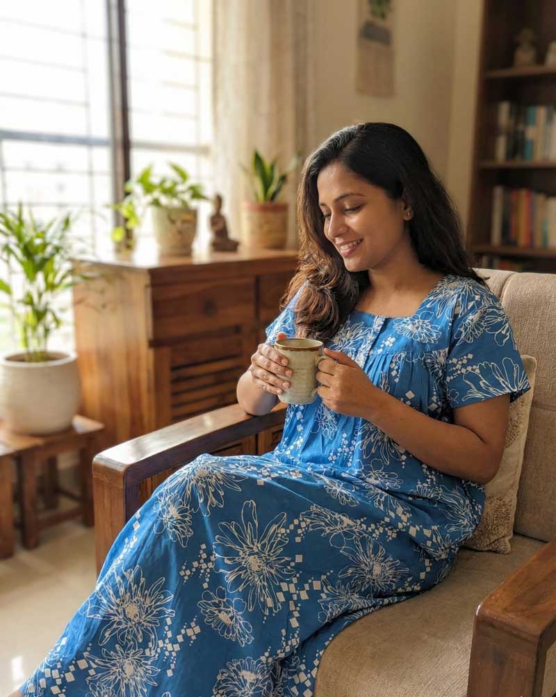 - Front Open Nighty With Pleats Stitching