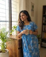 Front Open Cotton Nighty With Buttons, 55 Inches Long - Blue