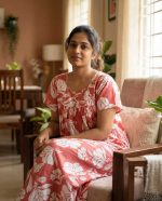 Traditional cotton nighty, 55 Inches Long - Peach