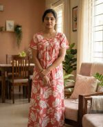 Traditional cotton nighty, 55 Inches Long - Peach - Image 2