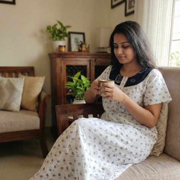 Comfortable Churidar Model Cotton Nighty - 55 Inches Long - White