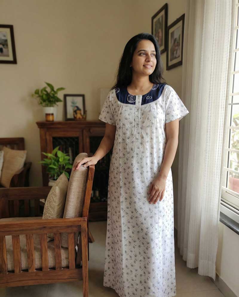 - Front Open Nighty With Pleats Stitching