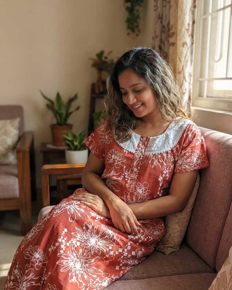 - Front Open Nighty With Pleats Stitching