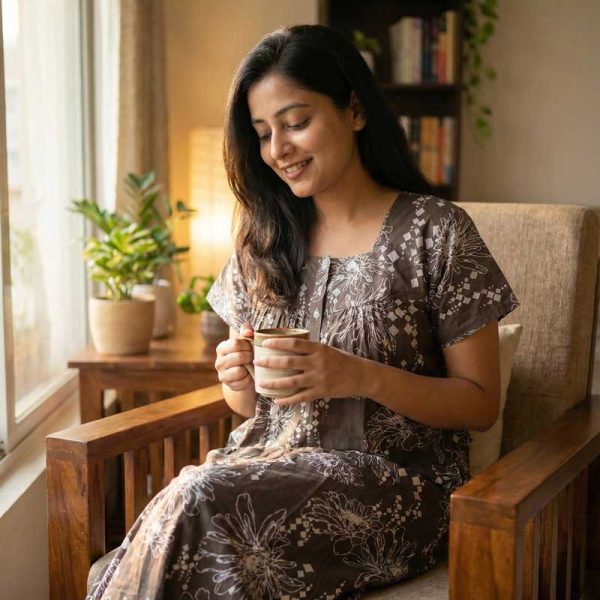 Front Open Cotton Nighty With Buttons, 55 Inches Long