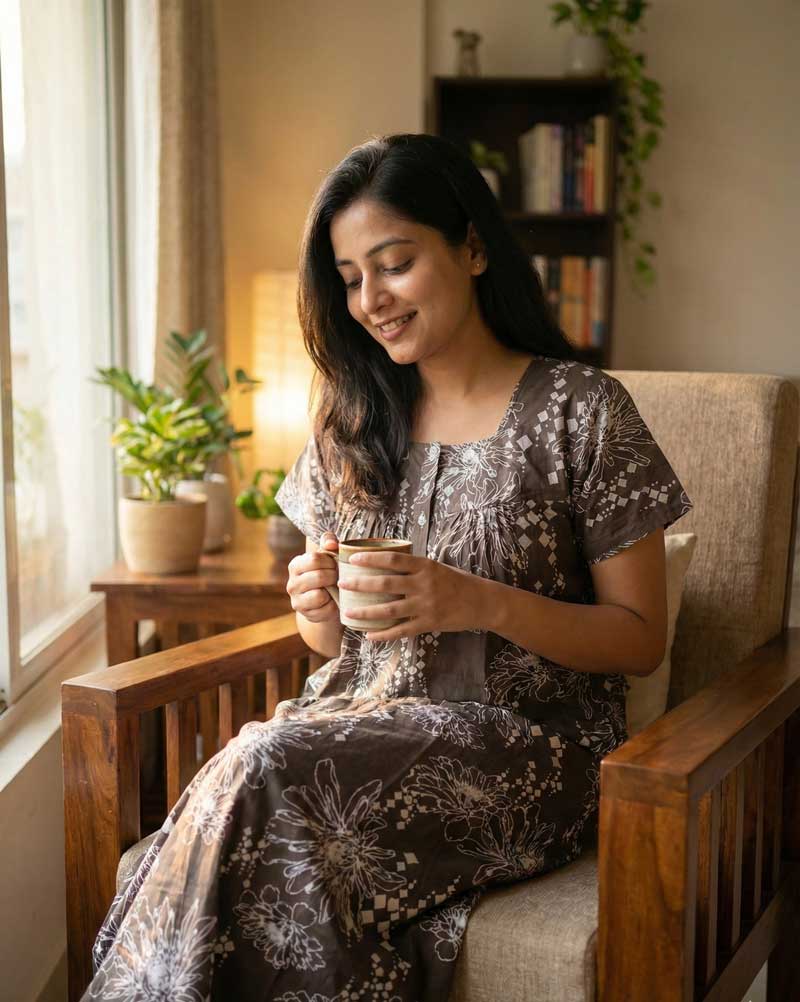 - Front Open Nighty With Pleats Stitching