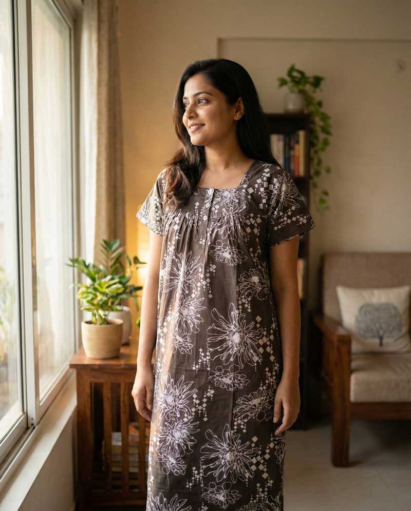 - Front Open Nighty With Pleats Stitching