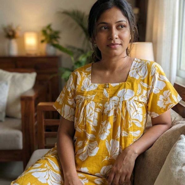 Front Open Cotton Nighty With Buttons, 55 Inches Long - Yellow