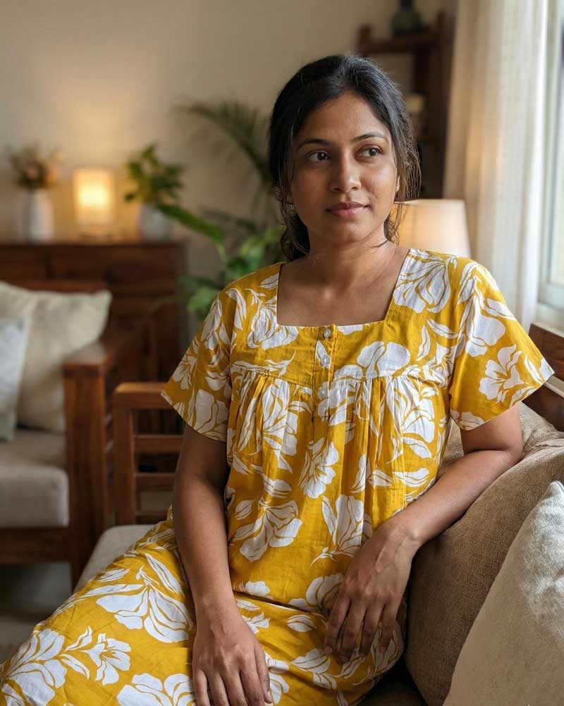 - Front Open Nighty With Pleats Stitching