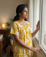 Front Open Cotton Nighty With Buttons, 55 Inches Long - Yellow - Image 2