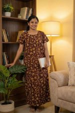 Front Open Cotton Nighty With Buttons, 55 Inches Long - Maroon - Image 3