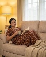 Front Open Cotton Nighty With Buttons, 55 Inches Long - Maroon