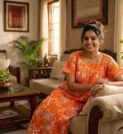 Front Open Cotton Nighty With Buttons, 55 Inches Long - Orange