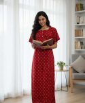 Front Open Cotton Nighty With Buttons, 57 Inches Long - Red