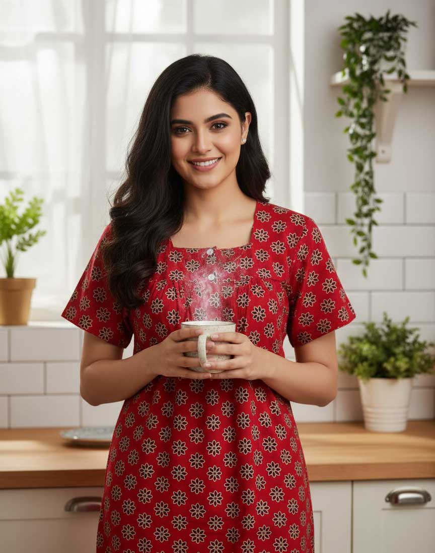 Gemini_Generated_Image_b351fcb351fcb351 Front Open Cotton Nighty With Buttons, 57 Inches Long - Red - Image 1