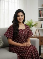 Front Open Cotton Nighty With Buttons, 57 Inches Long - Maroon