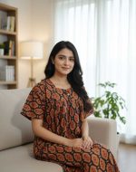 Traditional cotton nighty, 55 Inches Long -Brown